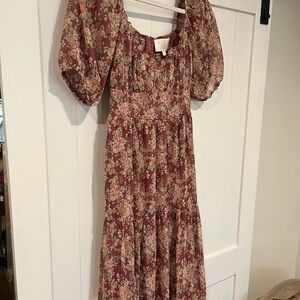 Francesca's Collections Dusty Rose Floral Maxi Dress with Puff Sleeves